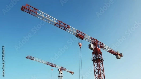 Obraz Two tall construction tower cranes against a clear blue sky