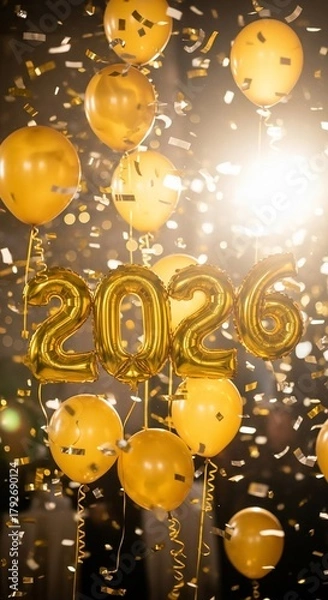 Obraz Golden Balloons and Confetti Celebrate New Year 2026 with Festive Sparkle.