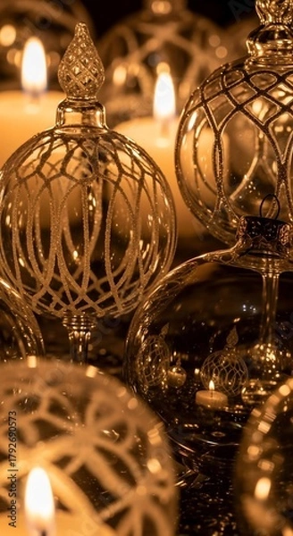 Obraz Golden Christmas Ornaments and Candles Creating a Warm Festive Atmosphere.