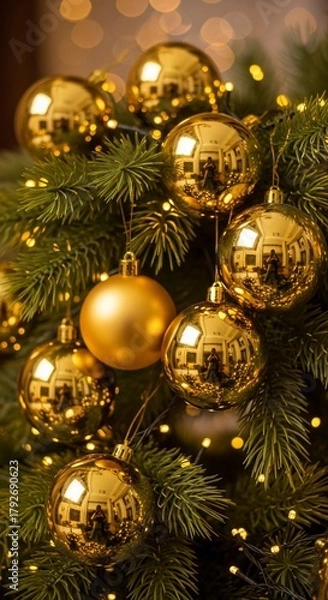 Obraz Golden Christmas baubles hanging on a festive fir tree with glowing lights.