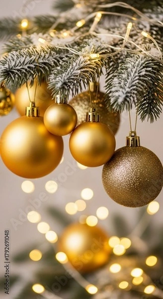 Obraz Golden Christmas Ornaments Hanging on a Frosted Fir Tree Branch with Bokeh Lights.
