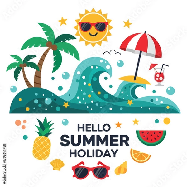 Fototapeta Vibrant summer holiday scene with sun, waves, palm trees, cocktails, and beach essentials inviting relaxation and fun adventures