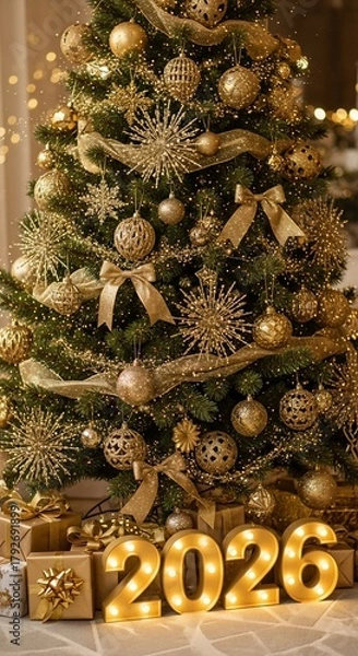 Obraz Golden Christmas Tree with 2026 Lights and Gift Boxes.
