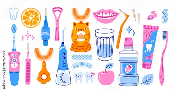 Obraz Dental Hygiene Set. Toothpaste, mouthwash, toothbrush, dental floss, interdental brush and irrigator. Colorful trendy vector isolated illustrations.