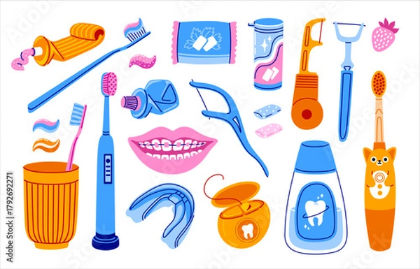 Fototapeta Oral Care Set. Daily Teeth Cleaning Collection. Toothbrushes, toothpaste, dental floss, mouthwasher, gum. Hand-drawn trendy colorful isolated vector illustration.