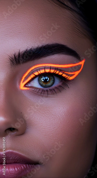 Fototapeta tight crop on eyes, vibrant neon eyeliner applied in graphic shapes on eyelids, bold and editorial vibe, camera slightly under eye level,