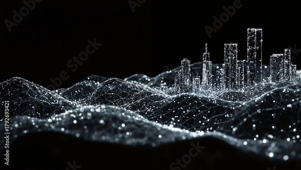 Fototapeta Futuristic digital city of glowing skyscrapers and mesh hills on a black background, abstract data visualization with neural connections and neon points, ideal for tech, AI, and sci-fi themes