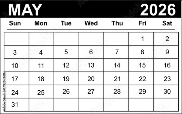 Obraz May 2026 monthly calendar in vector format, clean editable layout