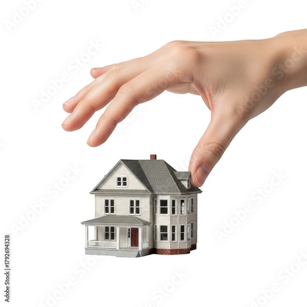 Fototapeta A hand is about to pick up a miniature house, symbolizing real estate, property investment, or the dream of homeownership and security
