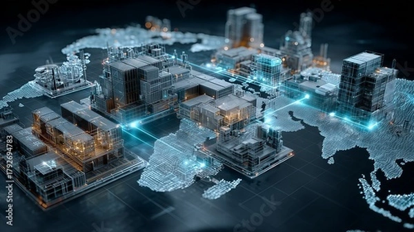 Obraz Global industry and supply chain network: digital factories and cities on holographic world map, symbolizing international trade, logistics, and technology.