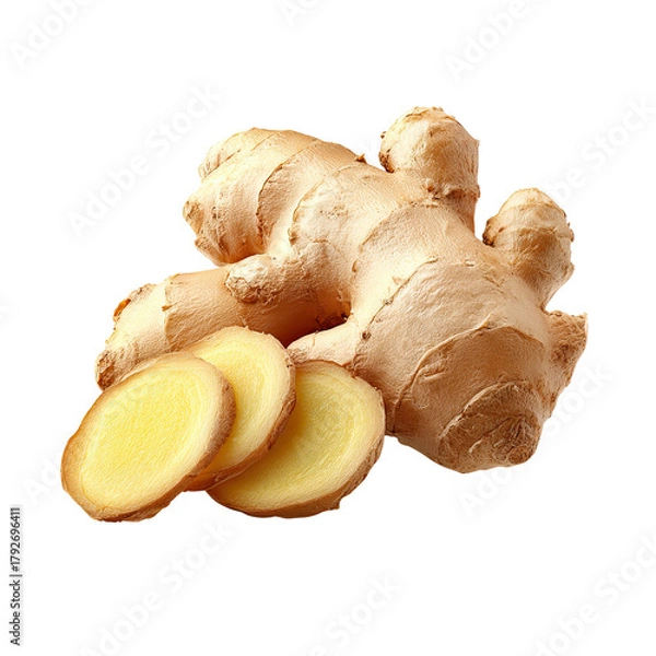 Fototapeta Fresh ginger root and slices PNG die-cut isolated on transparent background, organic herbal ingredient for tea, food, and natural health product, ginger root cutout for culinary and product design use