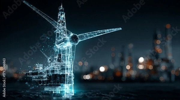 Obraz Energy transition concept: glowing digital wind turbine and offshore oil rig, symbolizing renewable energy and green technology's future.