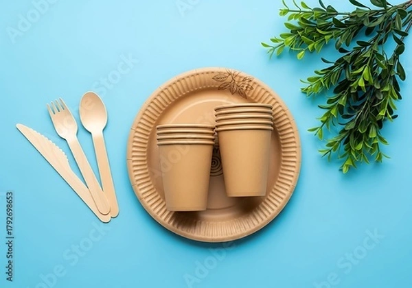 Fototapeta Ecofriendly disposable tableware set on blue