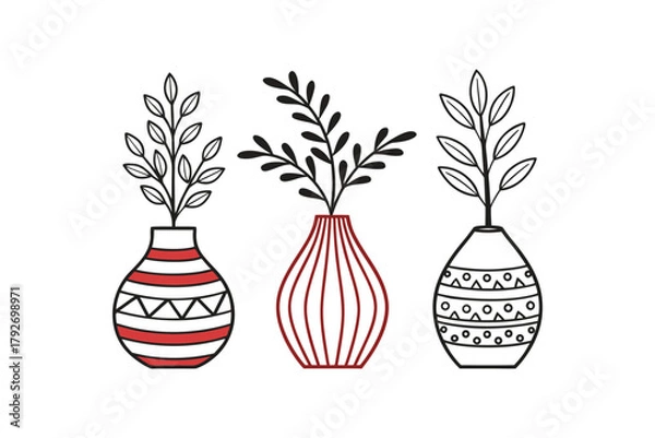 Fototapeta Three stylized vases with plants, minimalist line art, white background