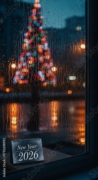 Obraz New Year 2026 Calendar on Rainy Window with Blurred Christmas Tree Lights Reflection.