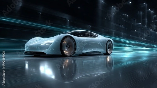 Obraz Futuristic autonomous concept car speeds through blue light trails with a reflective floor. Ideal for technology, speed, or automotive backgrounds.