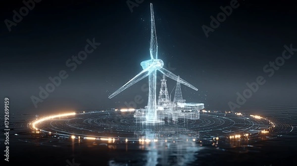 Obraz Hologram of wind turbine. Digital twin, renewable energy, and future technology concept.