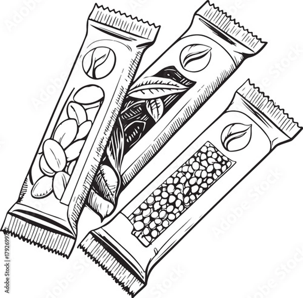 Obraz Energy Bars / Protein Bars, Disaster Relief Supplies Emergency Essentials Hand-drawn Sketch Drawing Vector Illustration, Line Linear Symbol Engraving Coloring Book, Black and White Isolated