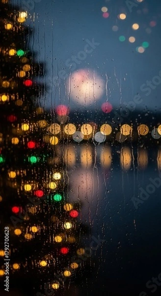 Obraz Rainy Window View of Christmas Tree Lights and Cityscape at Night.