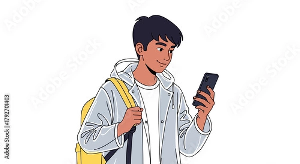 Fototapeta Young man using smartphone with backpack.