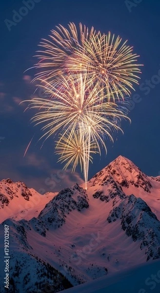 Obraz Spectacular Fireworks Display Illuminates Snow-Capped Mountain Peaks at Dusk.