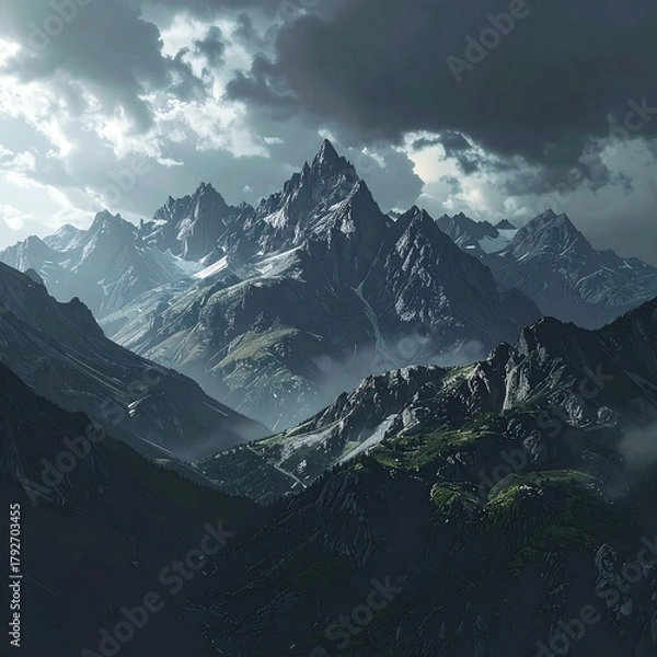 Obraz A dramatic landscape featuring towering, rugged peaks