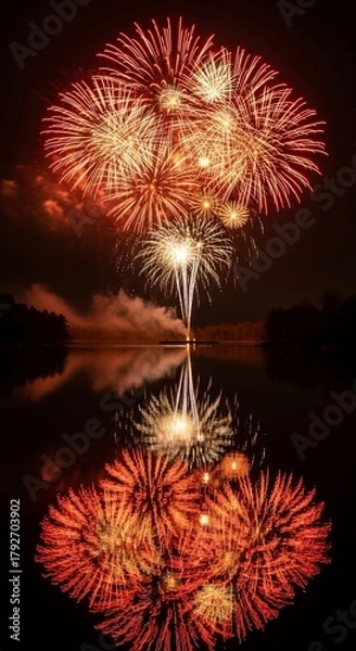 Obraz Spectacular Fireworks Display Reflected in Water at Night.