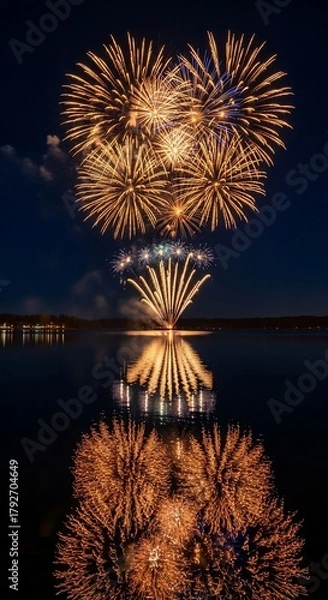 Obraz Spectacular Golden Fireworks Display with Perfect Water Reflection.