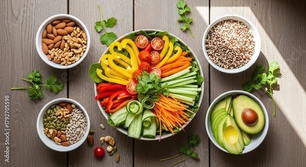 Fototapeta A fresh and colourful flat-lay of a healthy vegan