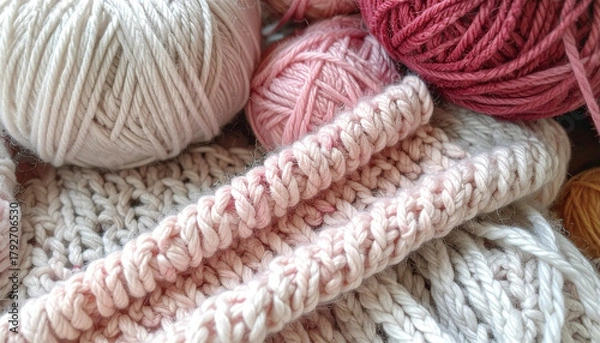 Obraz ピンクと白の淡い毛糸と編み物