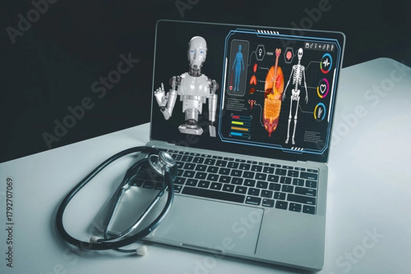 Fototapeta AI (Artificial Intelligence) robot assisting with medical diagnosis. Laptop showing futuristic patient data, anatomy (skeleton, organs), and vital signs. MedTech and healthcare innovation.