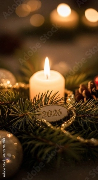 Obraz Warm glowing candle in festive Christmas wreath with 2026 tag and bokeh lights.