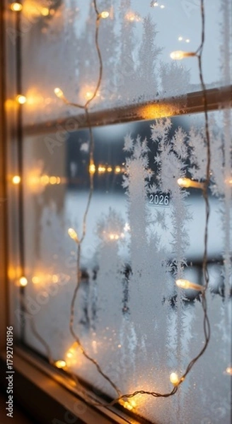 Obraz Warm lights on a frosty window pane in winter.