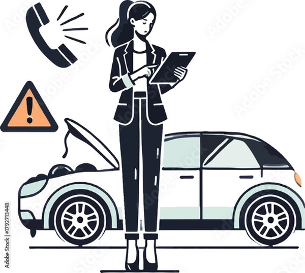 Fototapeta Woman with tablet near car with open hood and warning sign