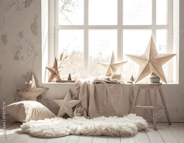 Fototapeta Cozy Christmas Window Display with Star Decorations and Soft Textiles.