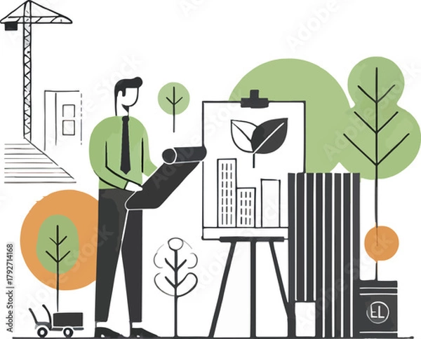 Fototapeta Architect reviewing building plans with construction crane and trees