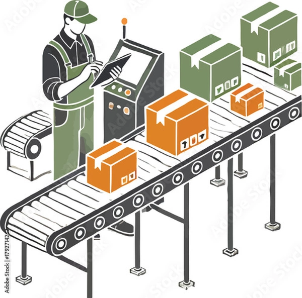 Obraz Worker on conveyor belt with boxes and control panel