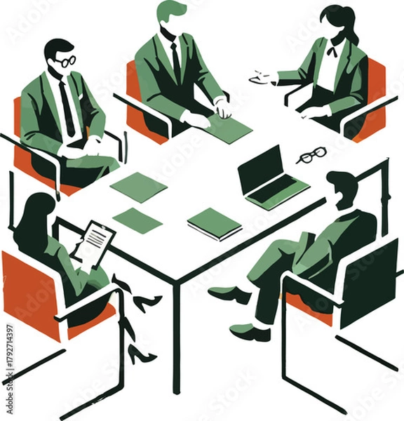 Fototapeta Business meeting with five people around a table chairs
