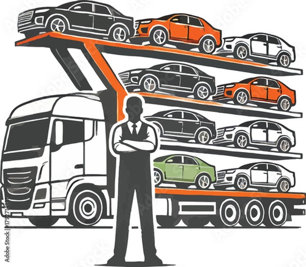 Fototapeta Car transporter truck with multiple vehicles and a man