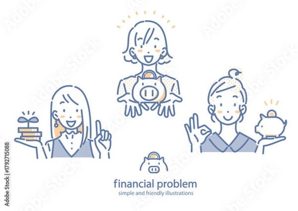 Fototapeta しっかり資産運用をする若い女性　シンプルでお洒落な線画イラスト