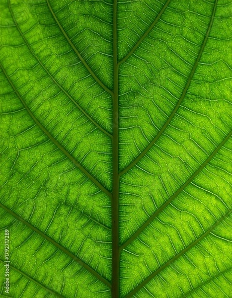 Fototapeta Close-up of a Vibrant Green Leaf with Intricate Vein Patterns.