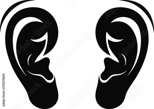 Obraz Black and white artistic ear illustration, symmetrical left and right ear design, hearing concept, sound listening icon, minimalist vector art