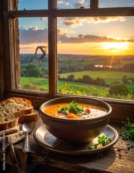 Fototapeta Cozy Soup by the Window - A Warm Meal with a Scenic View.