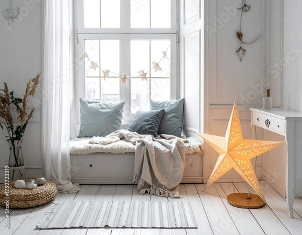 Fototapeta Cozy Window Seat with Pillows and Star Light for Winter Decor.