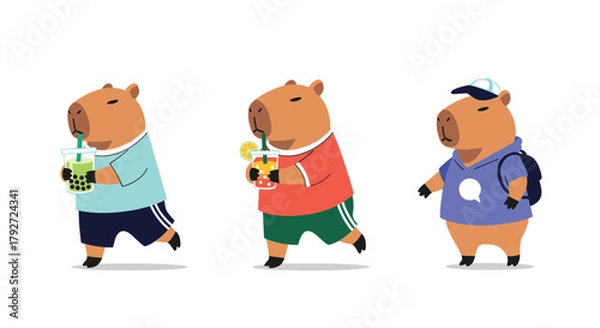 Fototapeta Three cute capybaras enjoying refreshing drinks and going on an adventure.