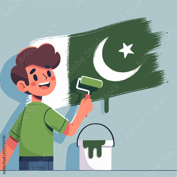 Fototapeta Flat Illustration of Smiling Boy Painting Pakistani Flag with Roller on Wall