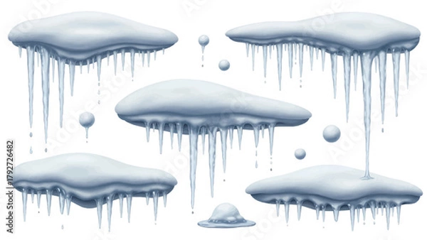 Fototapeta Vector illustration of collection of melting icicles and snow formations with small snowballs on a transparent background