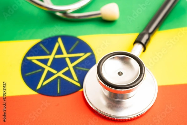 Obraz Ethiopia flag with stethoscope, Business and finance.