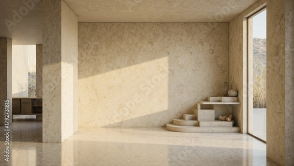 Fototapeta Minimalist brutalist interior with raw concrete walls, tall columns, stepped shelf, and decorative vases illuminated by soft natural light, representing modern architecture and calm luxury design