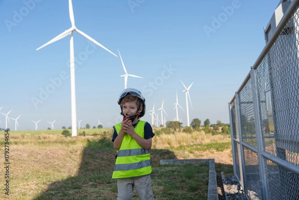 Fototapeta Children are running on a natural energy farm such as windmills and electricity.
